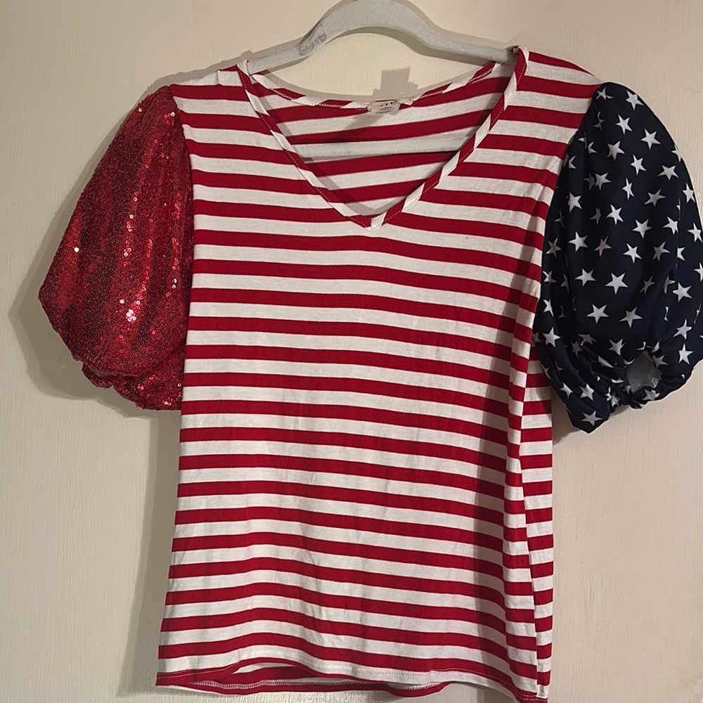 BiBi Red and White Striped Tee with Blue Star Sleeve